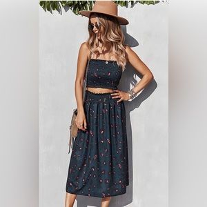 Angashion Women's Floral 2-Piece Crop Top with Midi Skirt